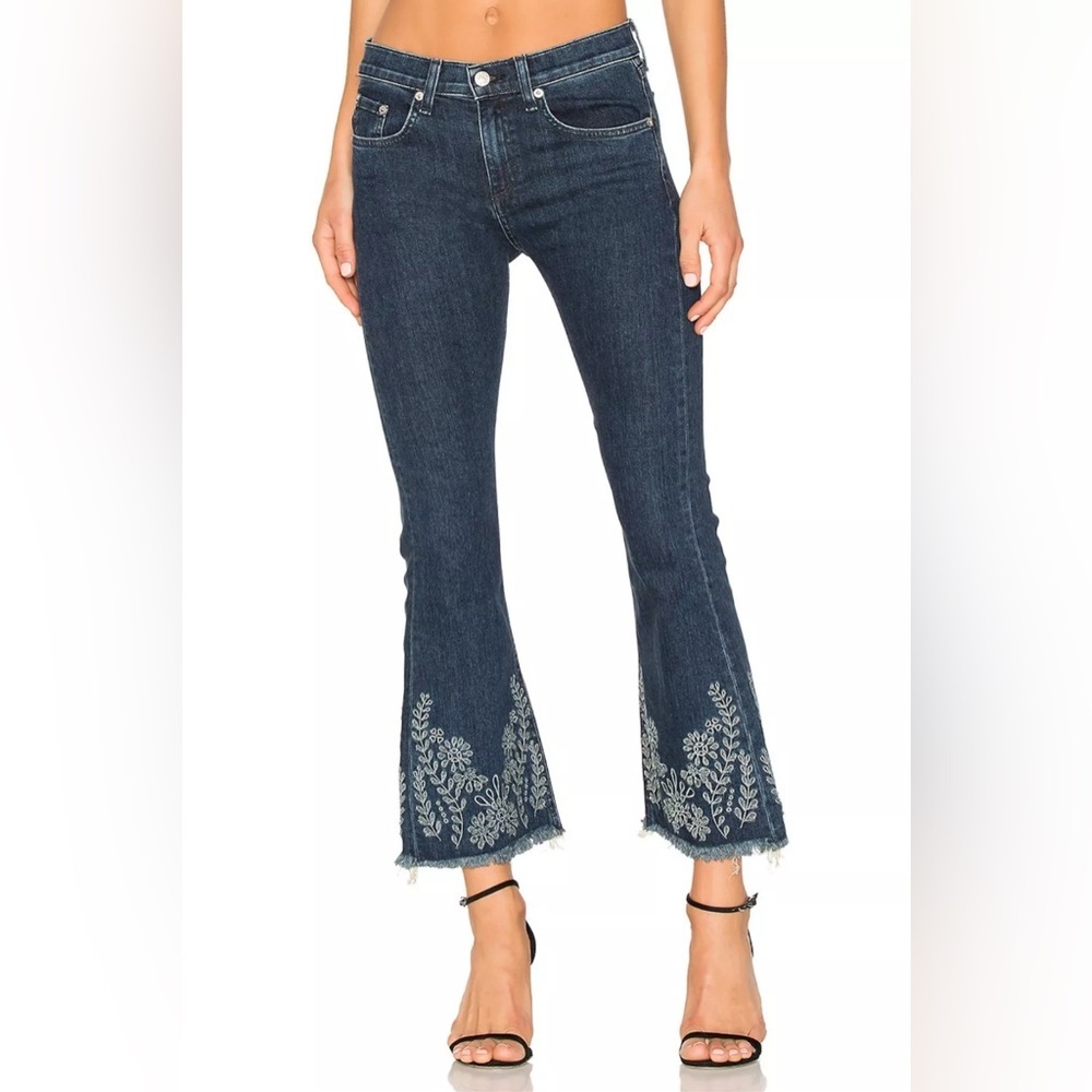 Rag & Bone 10 in hi rise kick Flare Black Embroidered floral crop hem Sz- 29/8